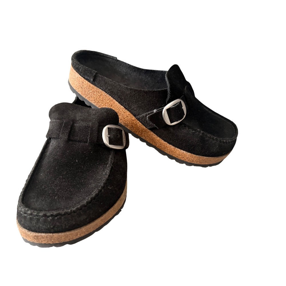 NWOT Birkenstock Buckley Black Suede Moccasin Clogs Mules Buckle Strap 38 L7 M5